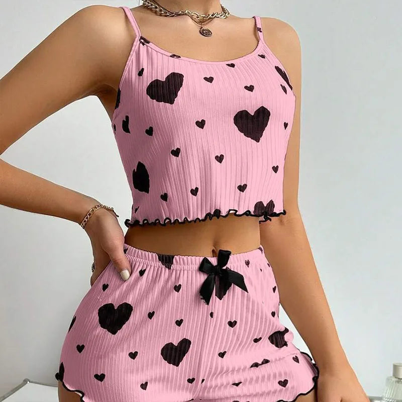 Women's 2-Piece Tank Top & Shorts Set – Love Print Sleepwear for Women