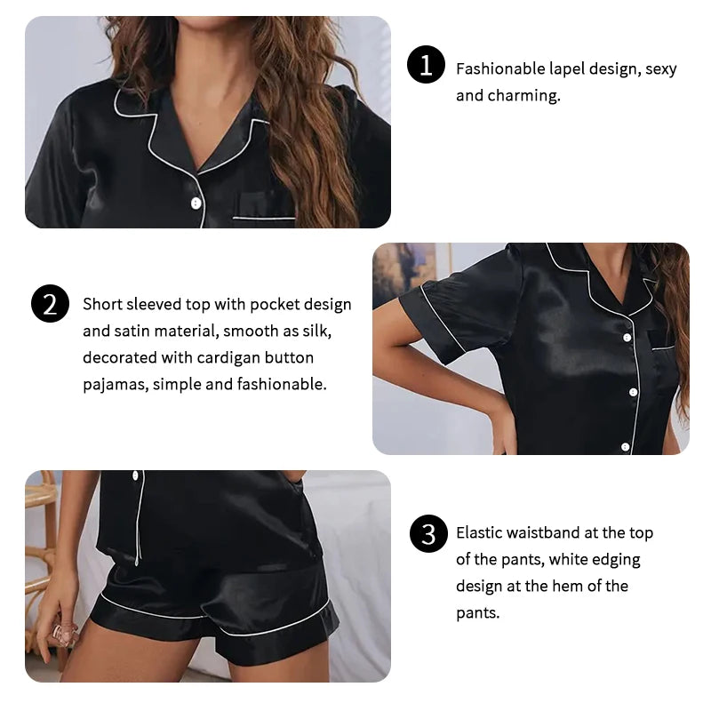 Elegant Satin Tops and Shorts Set – Button Down Sleepwear for Women