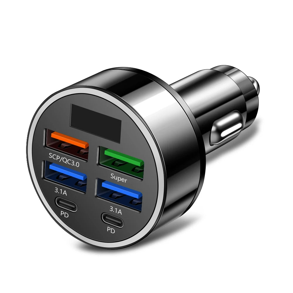 100W 6-Port Car Charger | Fast PD QC3.0 USB-C Adapter for iPhone Samsung Xiaomi Huawei