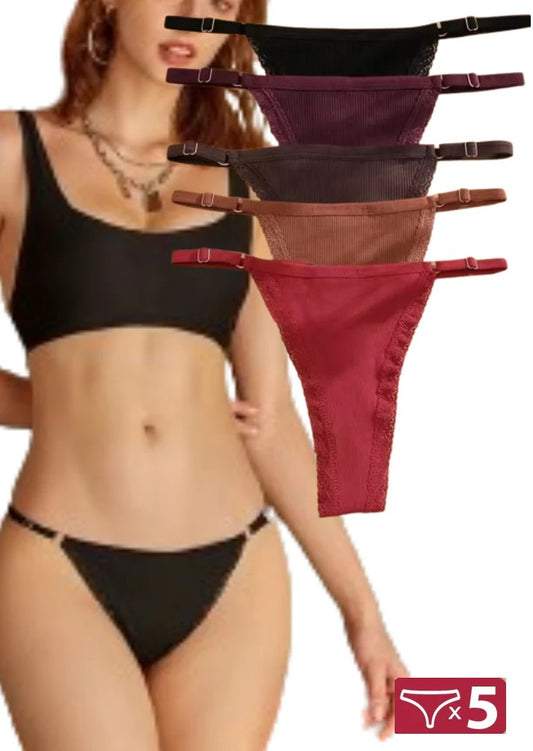 5Pcs Set  Cotton G-String Thong Panty   – Adjustable Waist T-Back Lingerie