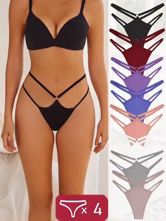 4Pcs Double Belt Thongs Panty  Set  – Cotton , Low Waist, Breathable Comfort Underwear For Women