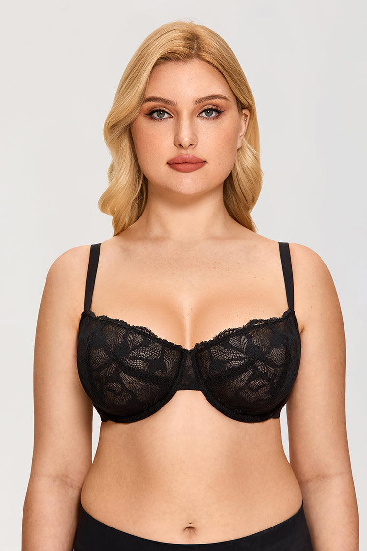 Plus Size  Lace Sheer See Through Sexy Push Up Unlined Underwire Balconette Bra