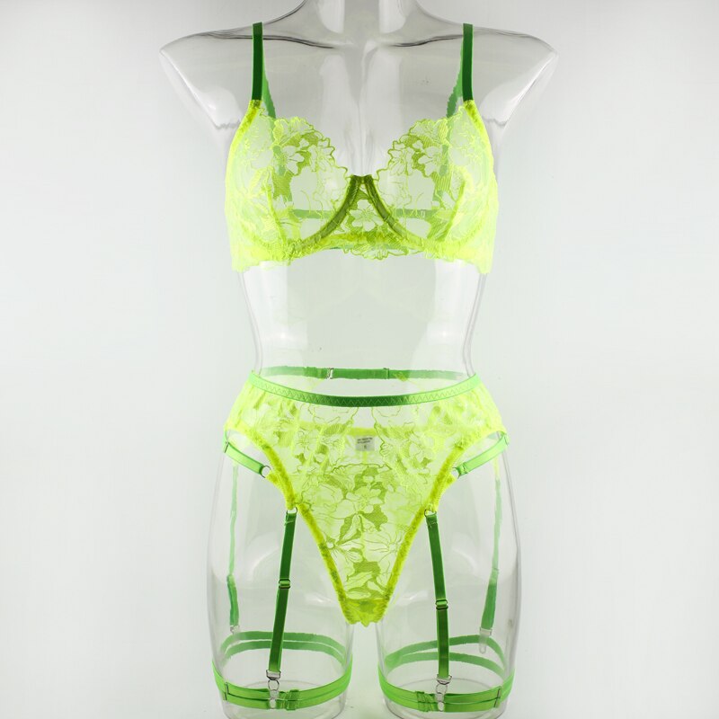 Neon Green Lace  Fancy  Fetish Luxury Transparent Lingerie Set