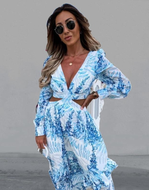 Sexy V-Neck Backless Hollow Out Lantern Sleeve Maxi Dress