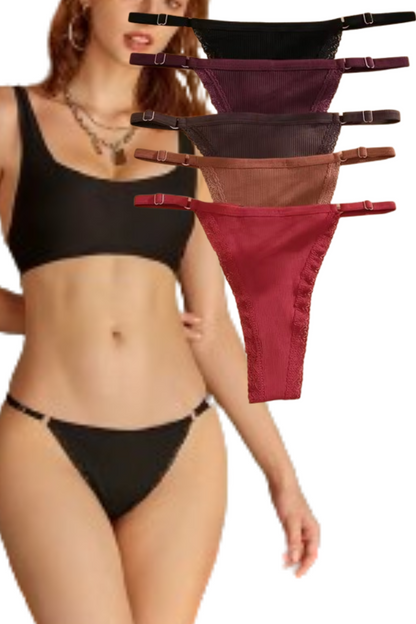5Pcs Set  Cotton G-String Thong Panty   – Adjustable Waist T-Back Lingerie