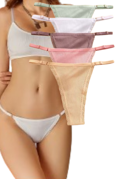 5Pcs Set  Cotton G-String Thong Panty   – Adjustable Waist T-Back Lingerie