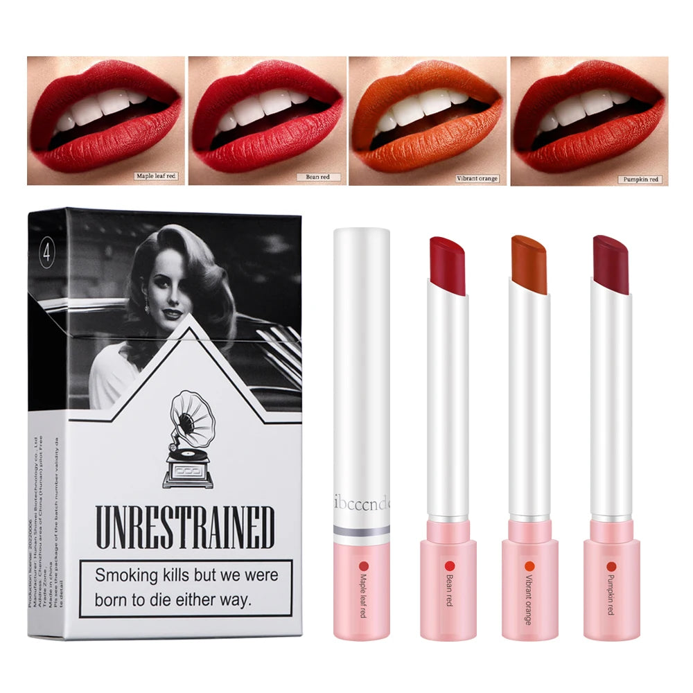 🚬 4-Piece Cigarette Matte Lipstick Set – Matte, Waterproof & Long-Lasting Lip Tint