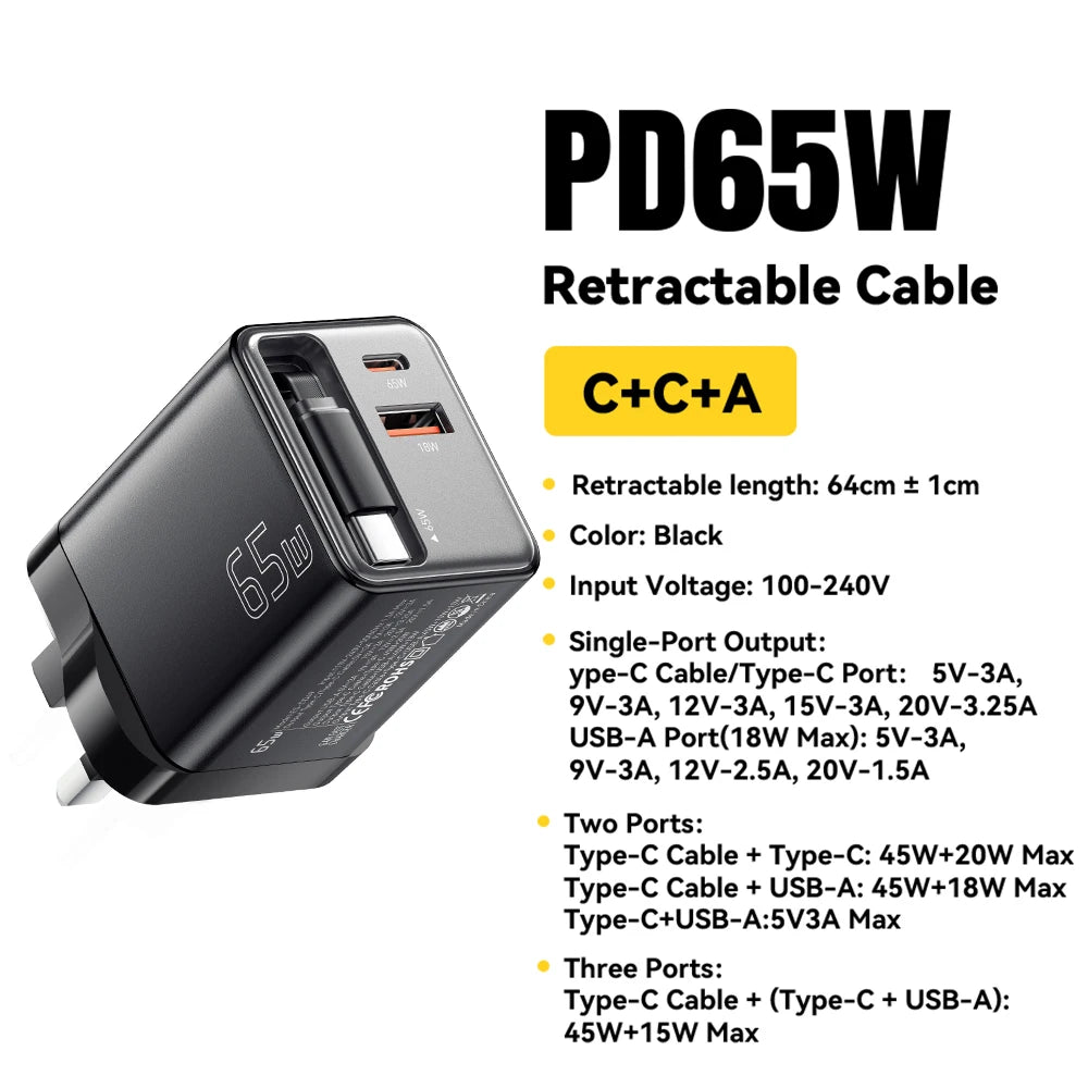 Essager 65W GaN  USB C  Fast Charger with Retractable Cable for Laptop, MacBook, iPhone, Xiaomi