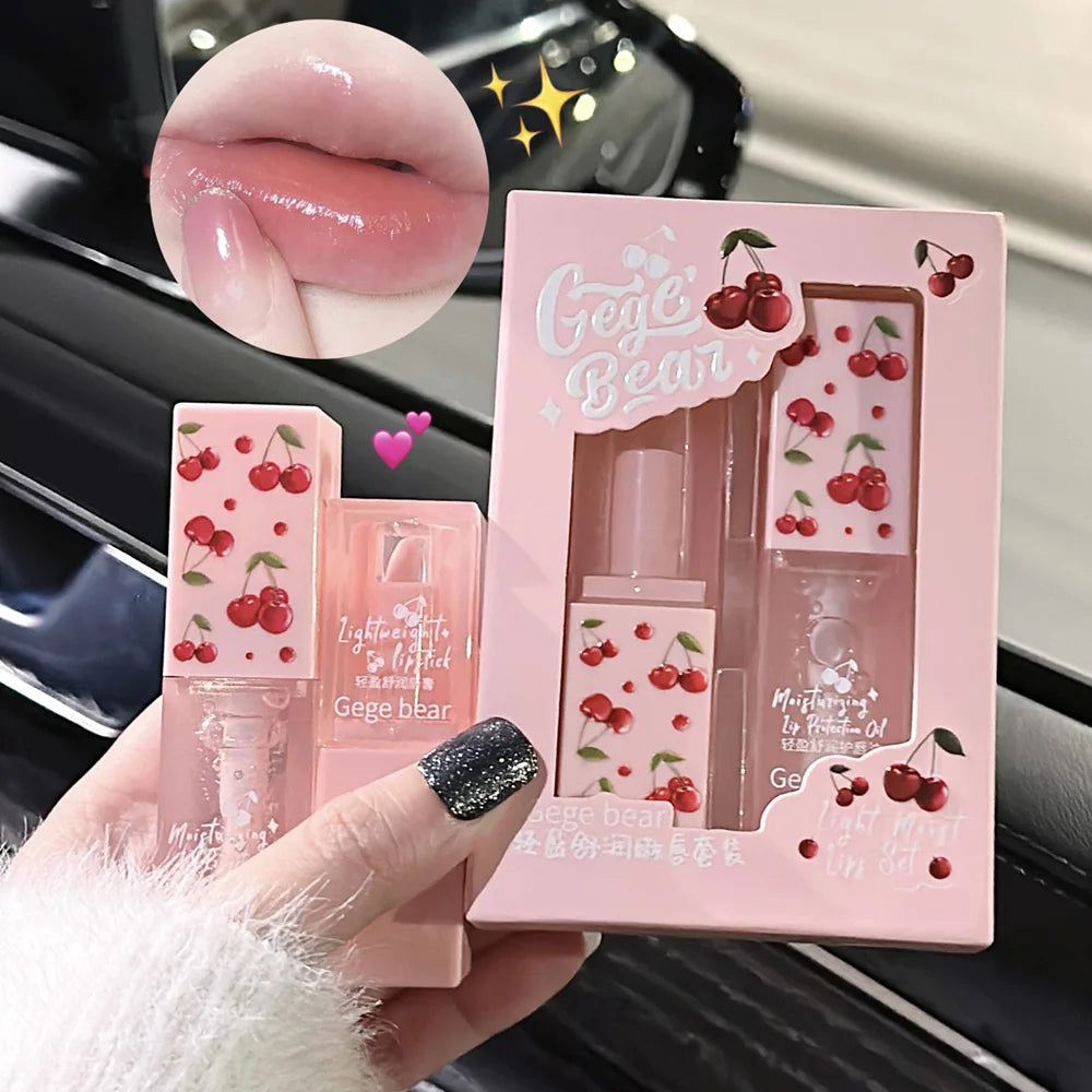 🍒 Gege Bear Cherry Lip Care Set – Hydrating Lip Balm & Oil for Soft, Supple Lips