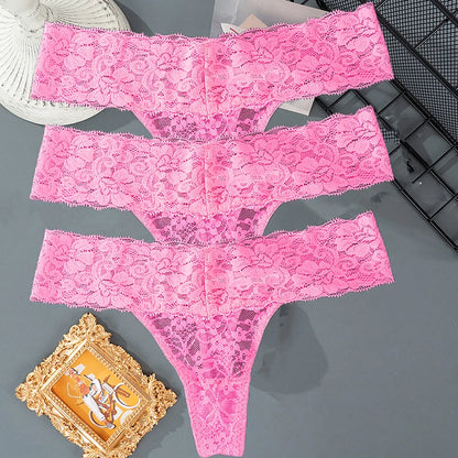 3PCS Set Lace Floral Thongs – Low Waist Transparent Panty for Women