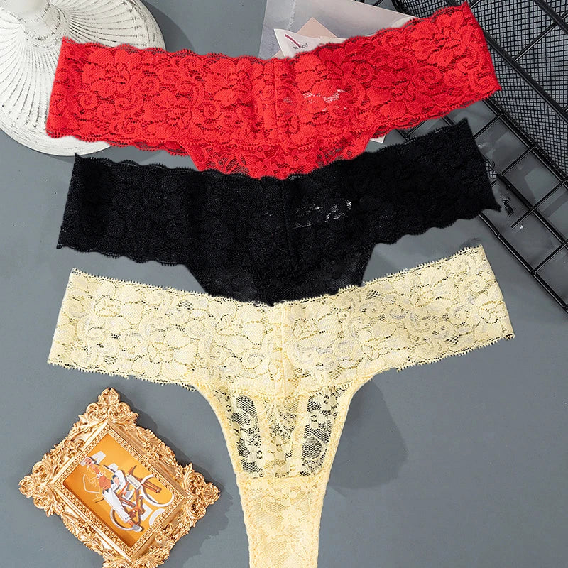 3PCS Set Lace Floral Thongs – Low Waist Transparent Panty for Women