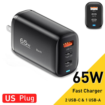 Essager 65W GaN USB C Fast Charger 3-Port Wall Charger Block For  MacBook, iPad, iPhone Series, Galaxy Series, Laptops, Game Consoles and More
