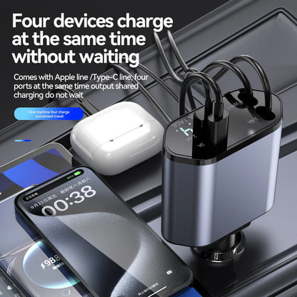 100W 4-in-1 Retractable Car Charger – Fast USB Type-C Cable for iPhone & Samsung