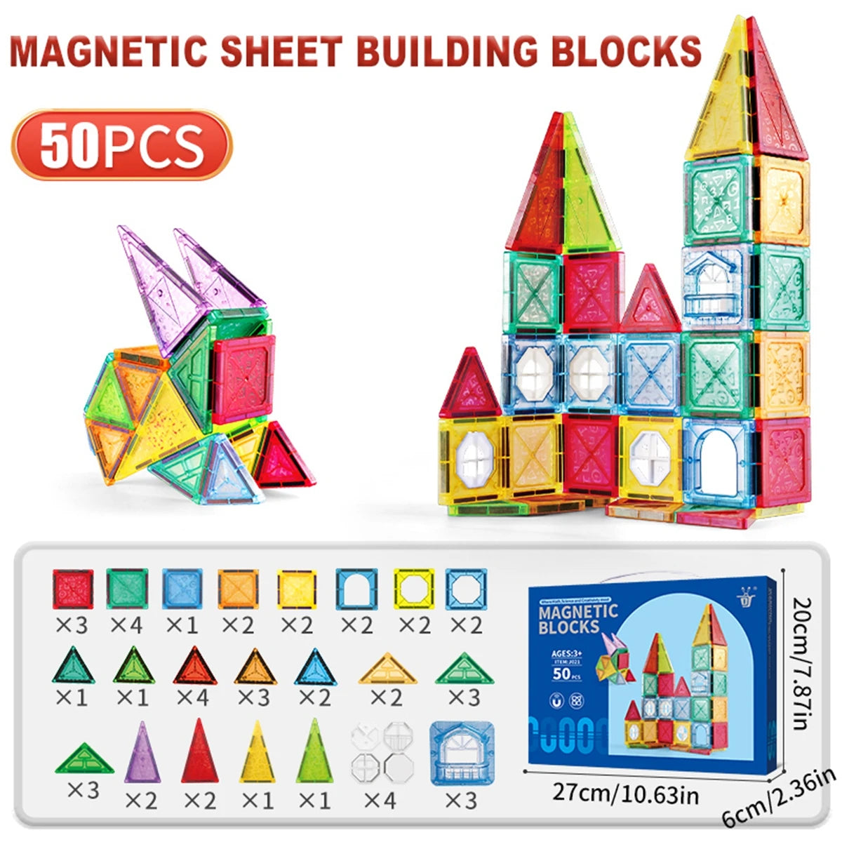 Magnet Building Tiles Construction Set,  Clear Magnetic 3D Blocks Construction Playboards