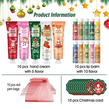 🎁 10PCS Christmas Hand Cream & Lip Balm Set – Perfect Party Gift with Santa Card 🎀