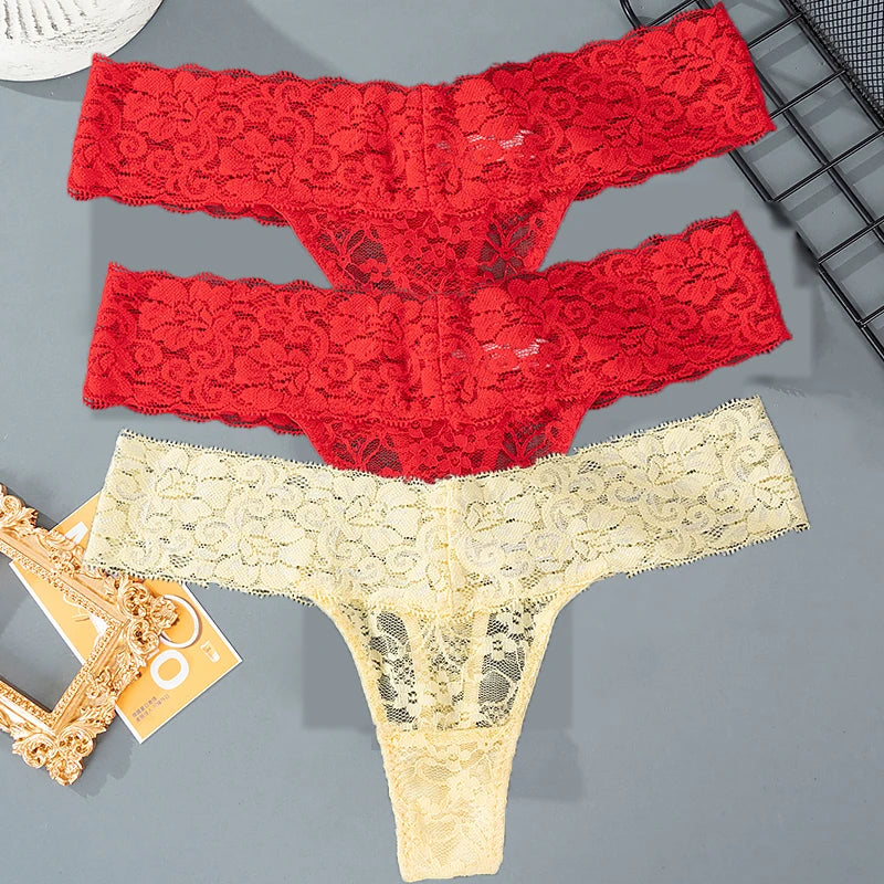 3PCS Set Lace Floral Thongs – Low Waist Transparent Panty for Women