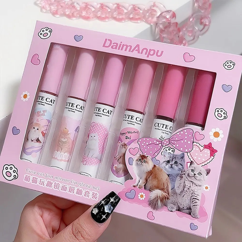 🐱 Cute Cat Mirror Lip Glaze 6pc Set – Vibrant Shades for Glossy, Hydrated Lips!