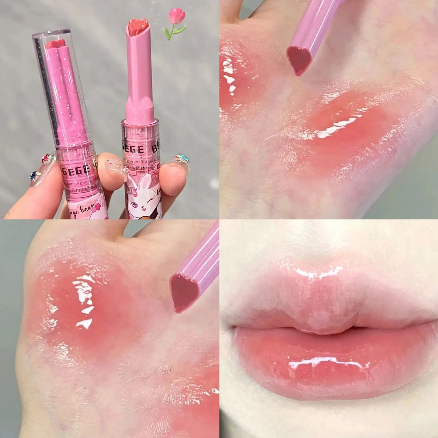 🐰💖 Gege Bear Pink Rabbit Solid Lip Gloss 3pc Set  – Hydrating & Tender Lip Balm for Soft Lips