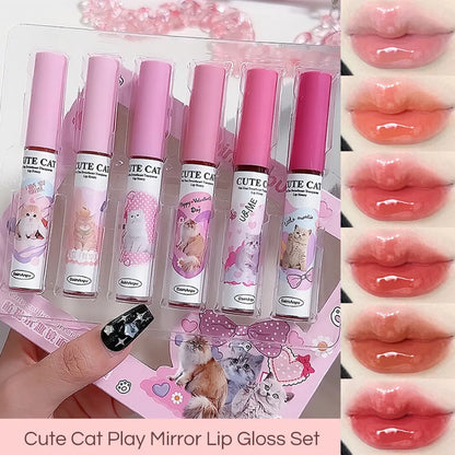 🐱 Cute Cat Mirror Lip Glaze 6pc Set – Vibrant Shades for Glossy, Hydrated Lips!