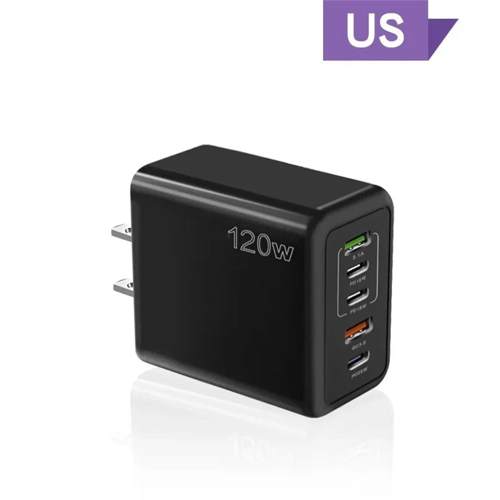 Type-C 120W USB Wall Charger 5 Ports Fast Charging Adapter | Rapid Charging for iPhone, Android & More