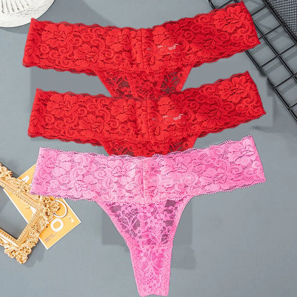 3PCS Set Lace Floral Thongs – Low Waist Transparent Panty for Women