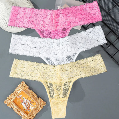 3PCS Set Lace Floral Thongs – Low Waist Transparent Panty for Women