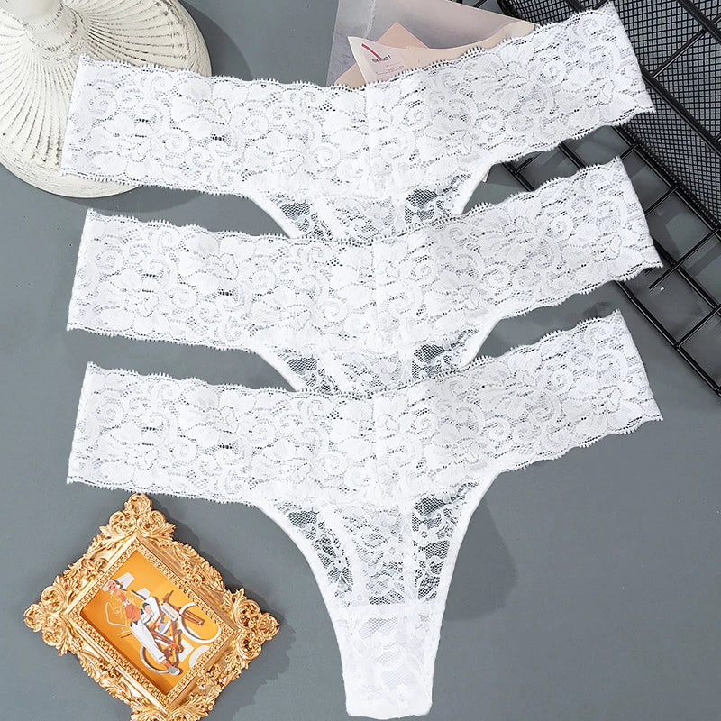 3PCS Set Lace Floral Thongs – Low Waist Transparent Panty for Women