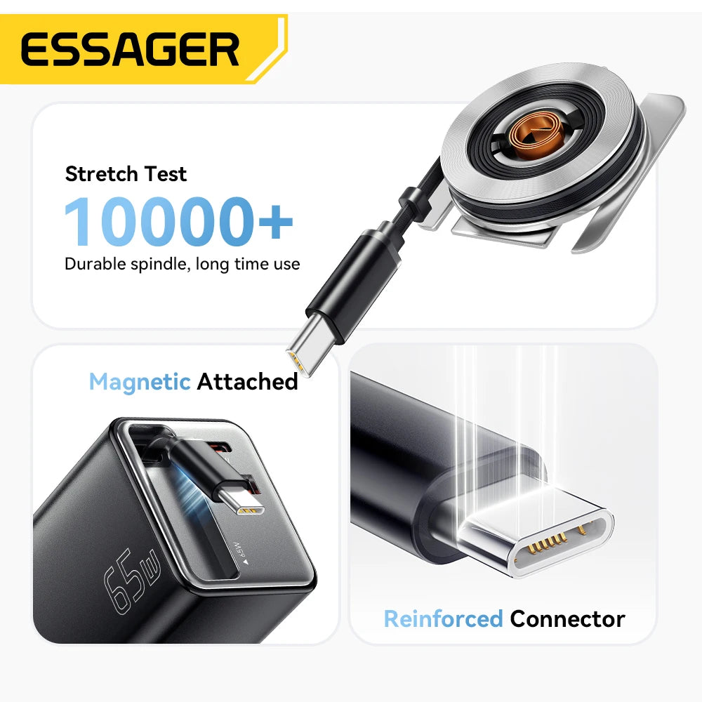 Essager 65W GaN  USB C  Fast Charger with Retractable Cable for Laptop, MacBook, iPhone, Xiaomi