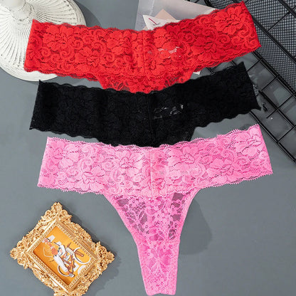 3PCS Set Lace Floral Thongs – Low Waist Transparent Panty for Women