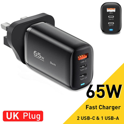 Essager 65W GaN USB C Fast Charger 3-Port Wall Charger Block For  MacBook, iPad, iPhone Series, Galaxy Series, Laptops, Game Consoles and More