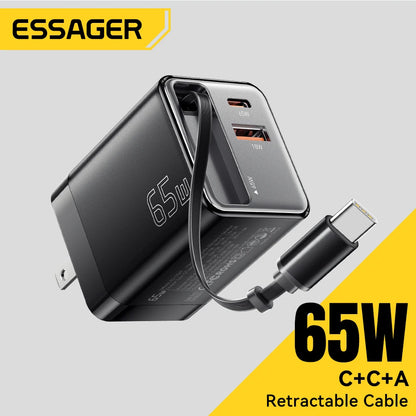 Essager 65W GaN  USB C  Fast Charger with Retractable Cable for Laptop, MacBook, iPhone, Xiaomi