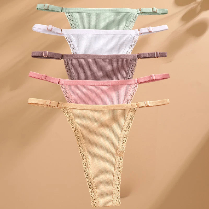 5Pcs Set  Cotton G-String Thong Panty   – Adjustable Waist T-Back Lingerie