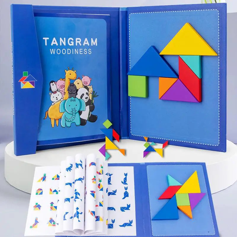 Magnetic Wooden Tangram Puzzle Book – Montessori Learning Toy for Kids