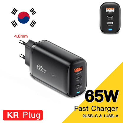 Essager 65W GaN USB C Fast Charger 3-Port Wall Charger Block For  MacBook, iPad, iPhone Series, Galaxy Series, Laptops, Game Consoles and More
