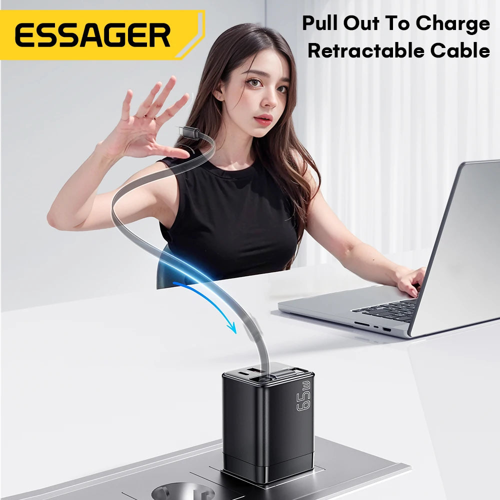 Essager 65W GaN  USB C  Fast Charger with Retractable Cable for Laptop, MacBook, iPhone, Xiaomi