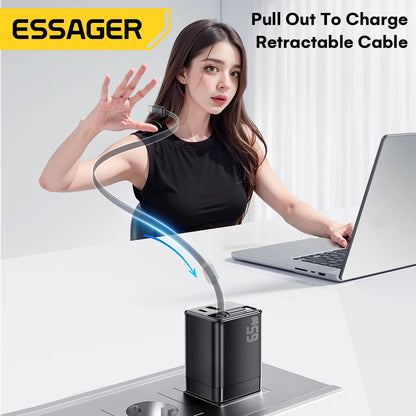 Essager 65W GaN  USB C  Fast Charger with Retractable Cable for Laptop, MacBook, iPhone, Xiaomi