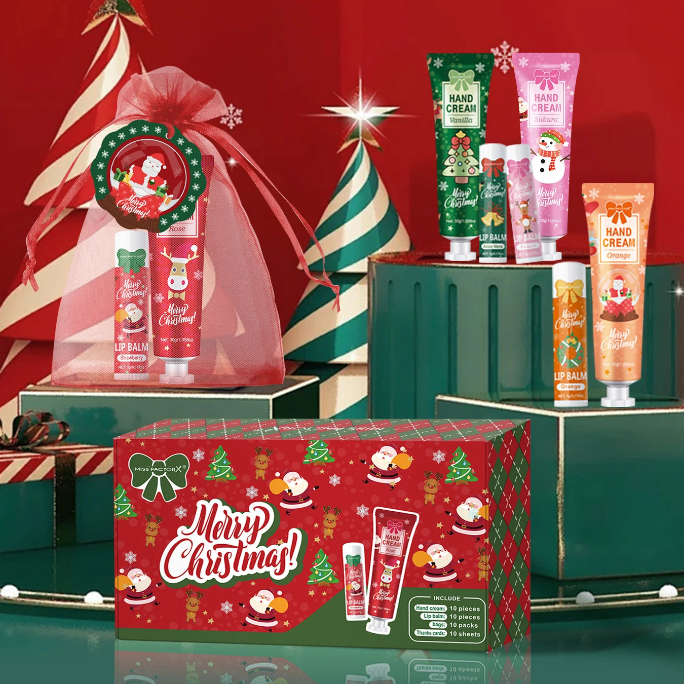 🎁 10PCS Christmas Hand Cream & Lip Balm Set – Perfect Party Gift with Santa Card 🎀