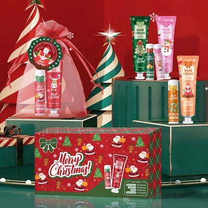 🎁 10PCS Christmas Hand Cream & Lip Balm Set – Perfect Party Gift with Santa Card 🎀