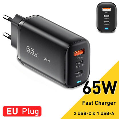 Essager 65W GaN USB C Fast Charger 3-Port Wall Charger Block For  MacBook, iPad, iPhone Series, Galaxy Series, Laptops, Game Consoles and More