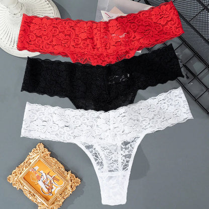 3PCS Set Lace Floral Thongs – Low Waist Transparent Panty for Women