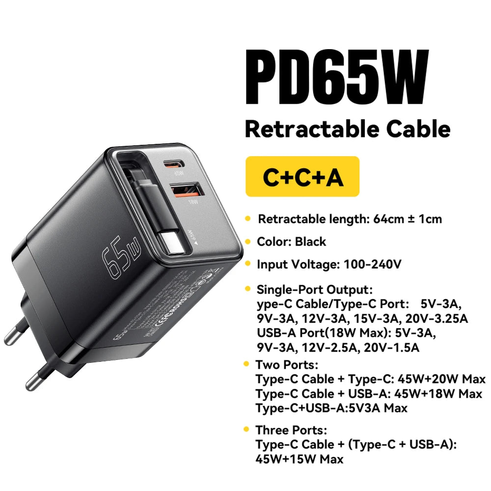 Essager 65W GaN  USB C  Fast Charger with Retractable Cable for Laptop, MacBook, iPhone, Xiaomi
