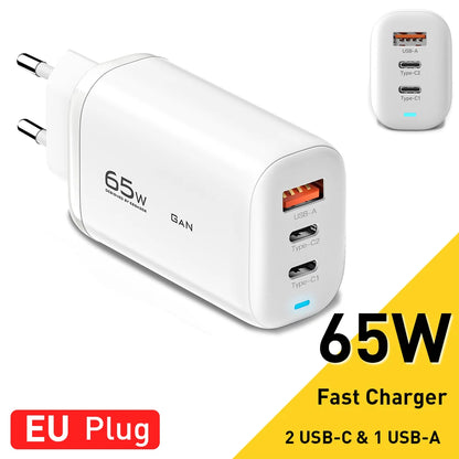 Essager 65W GaN USB C Fast Charger 3-Port Wall Charger Block For  MacBook, iPad, iPhone Series, Galaxy Series, Laptops, Game Consoles and More