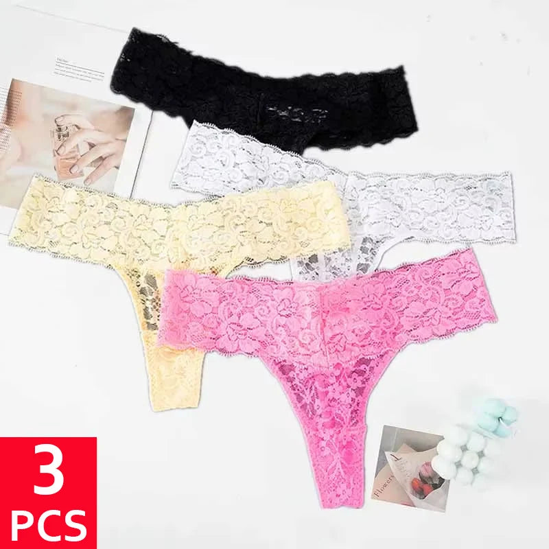 3PCS Set Lace Floral Thongs – Low Waist Transparent Panty for Women