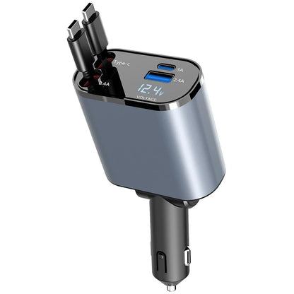 100W 4-in-1 Retractable Car Charger – Fast USB Type-C Cable for iPhone & Samsung