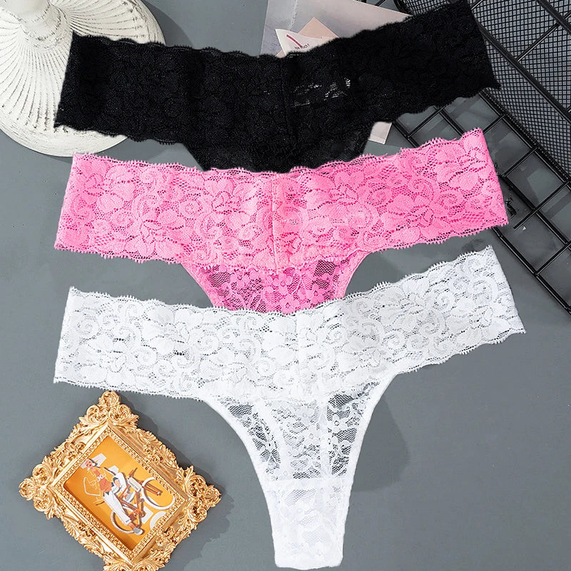 3PCS Set Lace Floral Thongs – Low Waist Transparent Panty for Women