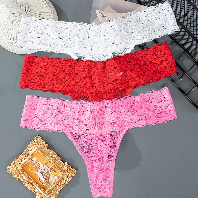 3PCS Set Lace Floral Thongs – Low Waist Transparent Panty for Women