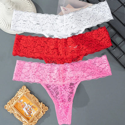 3PCS Set Lace Floral Thongs – Low Waist Transparent Panty for Women