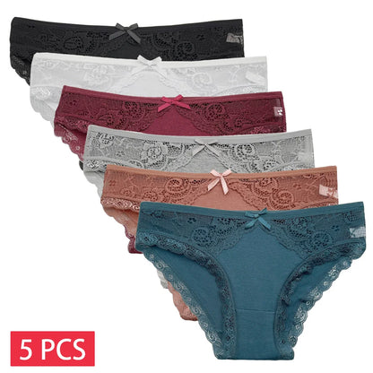 5PCS Set Stylish Lace Panty  – Low Rise Cotton Briefs for Women