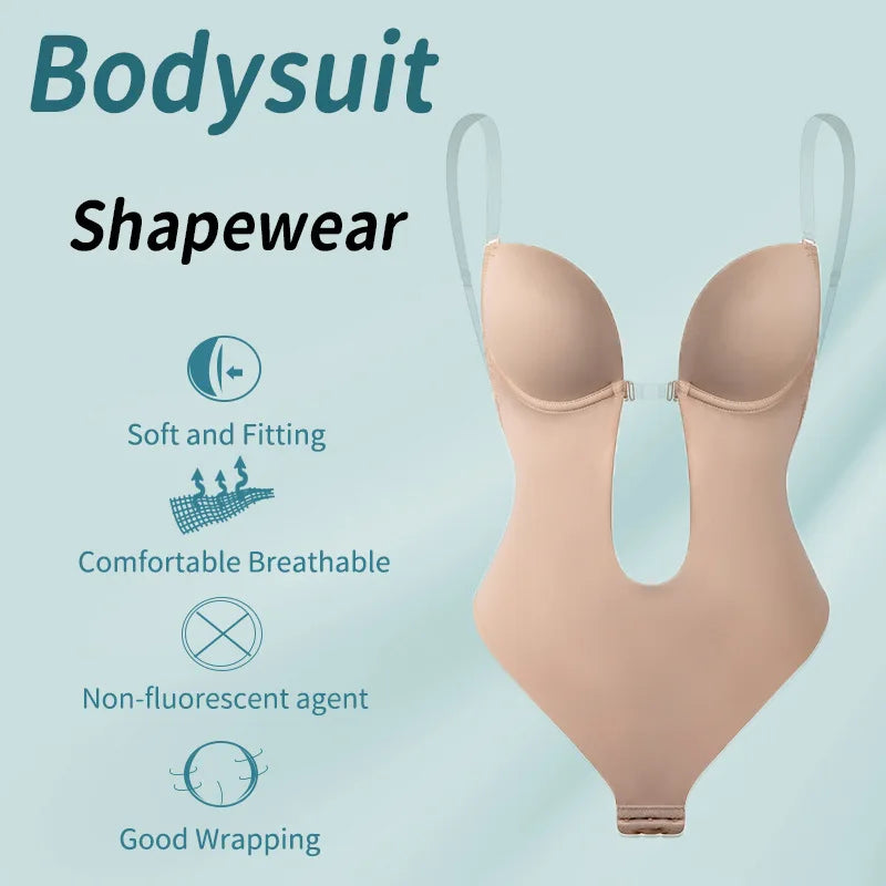 Deep V-Neck Backless Bodysuit – Push-Up Slimming Shapewear for Women