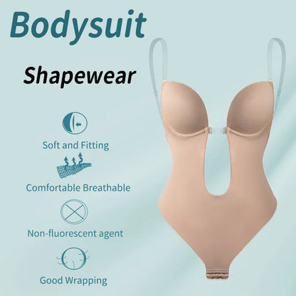 Deep V-Neck Backless Bodysuit – Push-Up Slimming Shapewear for Women